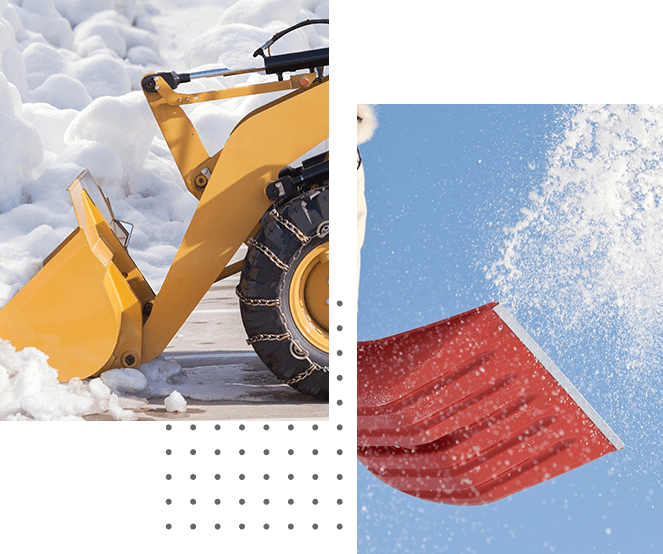 A yellow snow plow at work next to an abstract residential landscaping design.