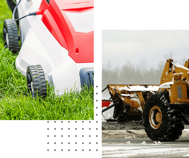 Comparison between commercial landscaping lawn mowing and snow plowing equipment operating in their respective seasons.