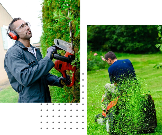 A man with ear protection trimming a hedge with an electric trimmer and another man mowing a lawn with a lawn mower in the background, providing professional landscaping services.
